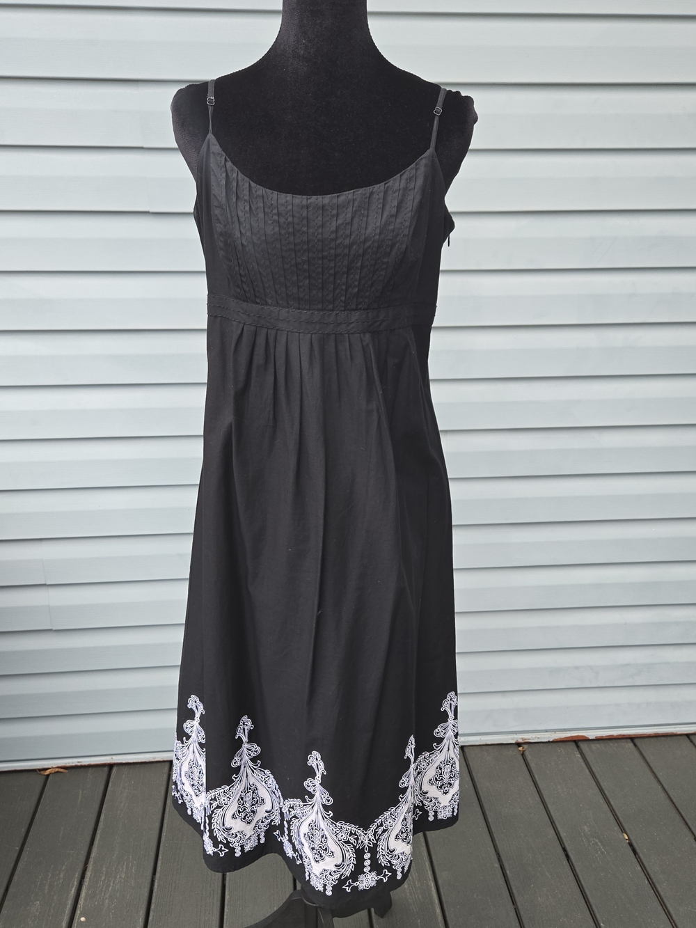LOFT Black Midi Dress with White Embroidered Hem